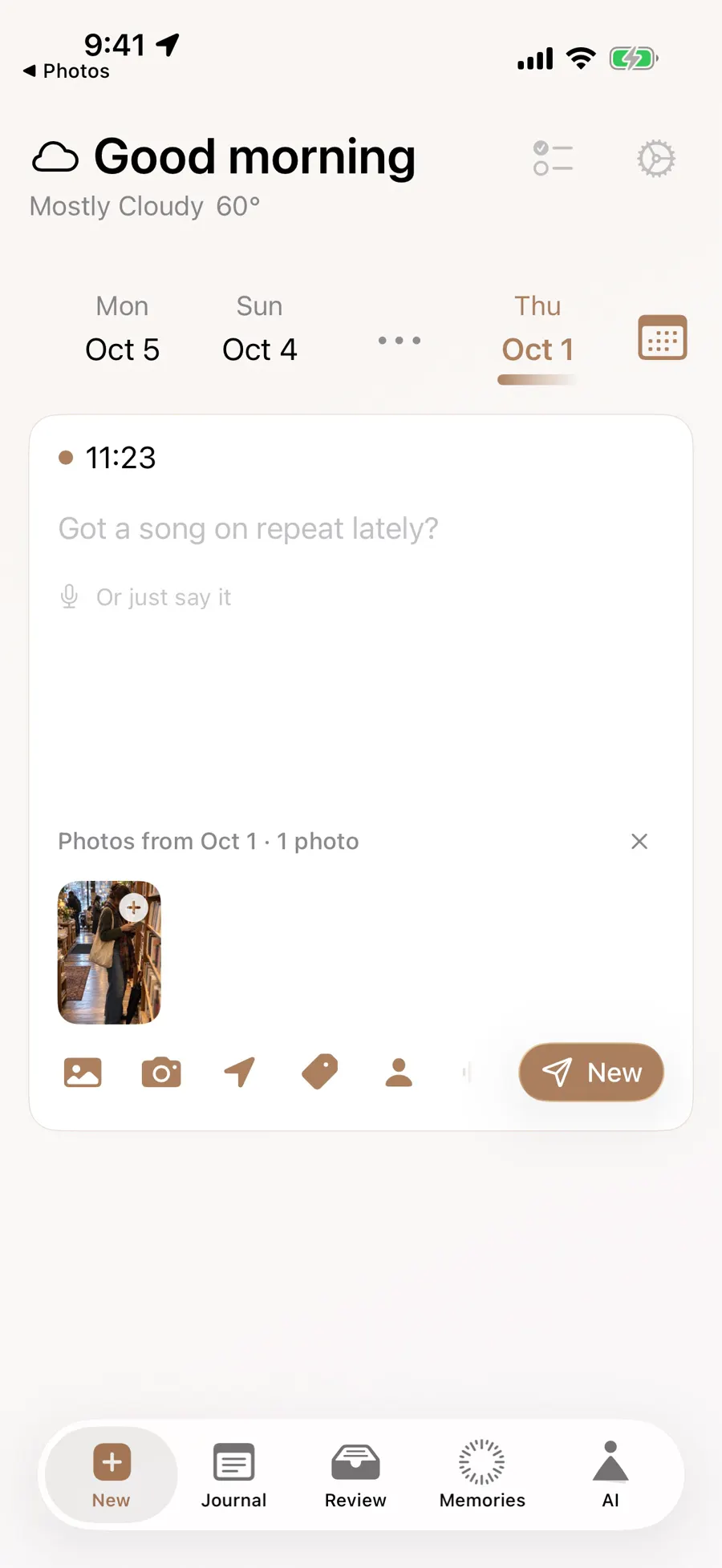 Date picker on the writing page positioned on October 1