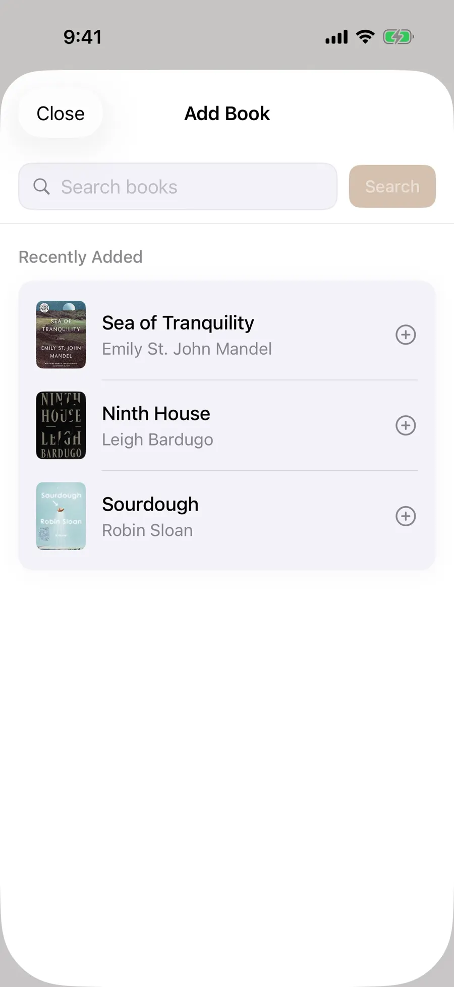 Add Book search sheet listing Sea of Tranquility, Ninth House and Scordough with covers
