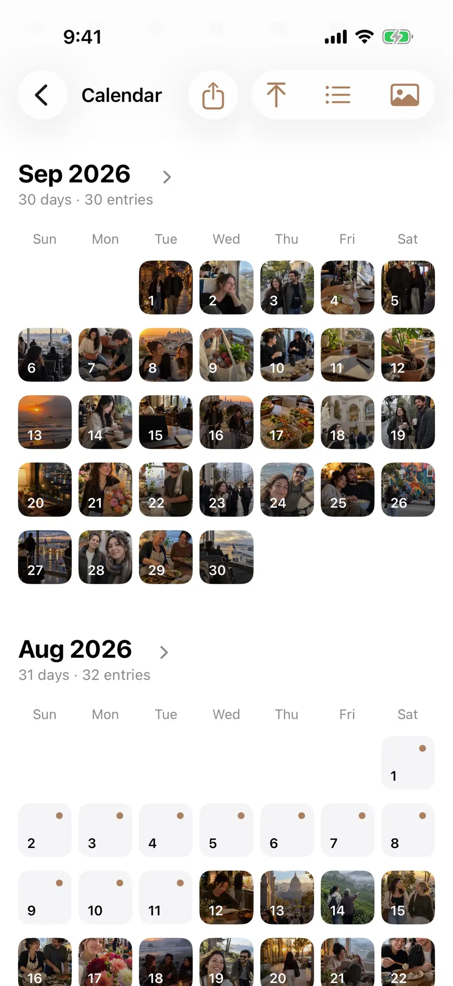 October and September 2026 calendar months filled with demonstration photo thumbnails