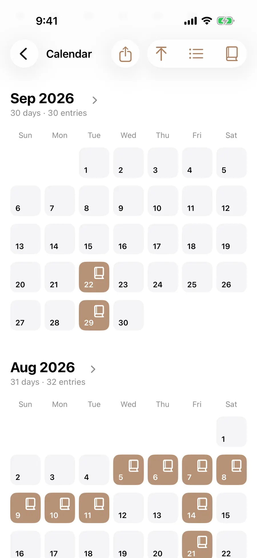 September calendar with matching category days highlighted in brown