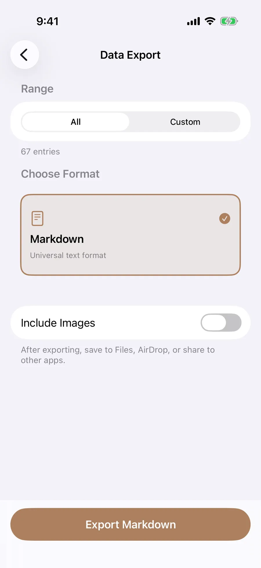 Data Export screen with All range, Markdown card and Include images switch off