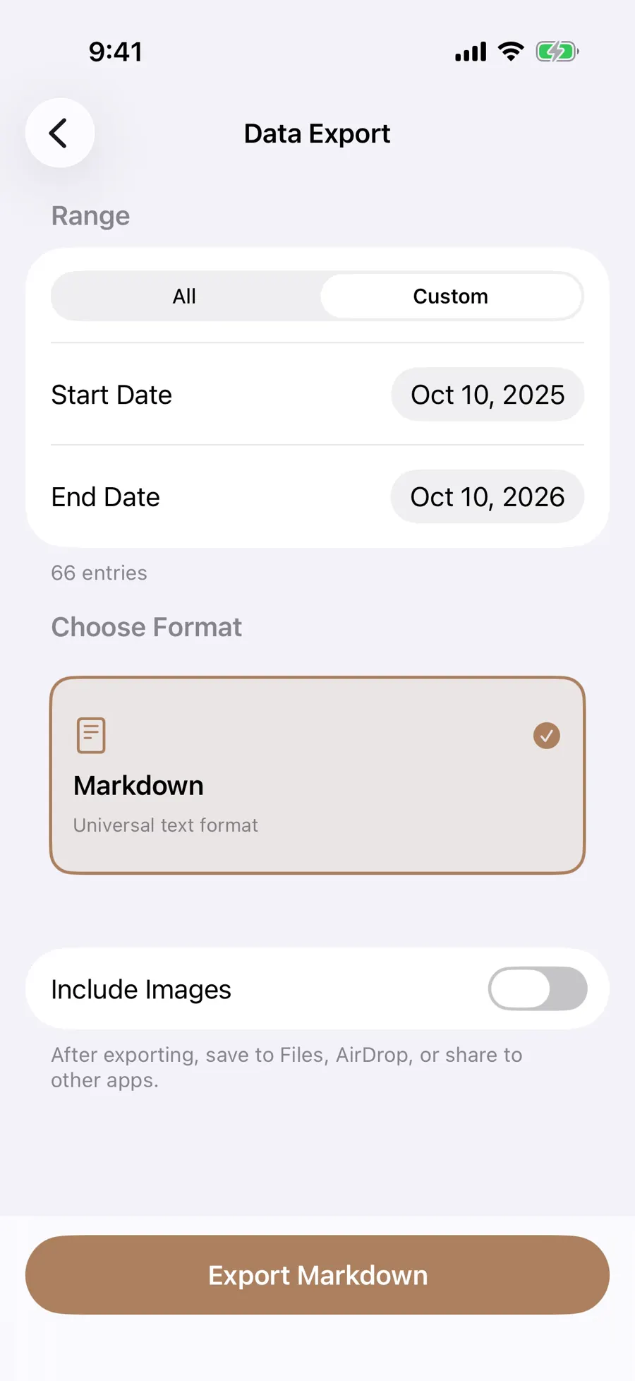Custom export range with start and end dates above the Markdown format
