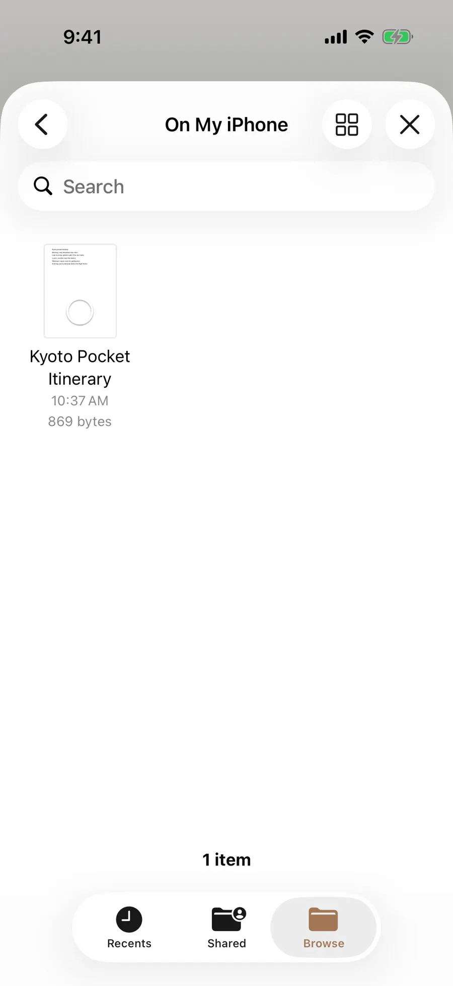 Files picker listing a Kyoto pocket itinerary document