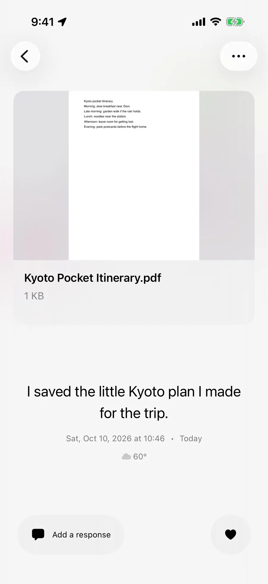 Saved entry with Kyoto Pocket Itinerary as a file preview card