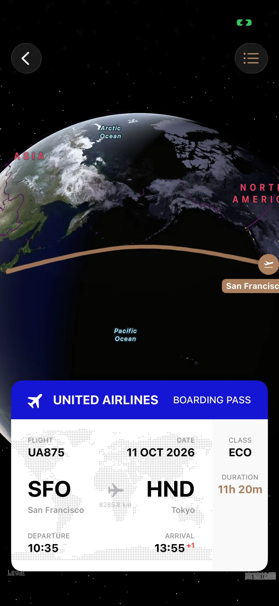 Globe route display with a San Francisco to Tokyo boarding pass