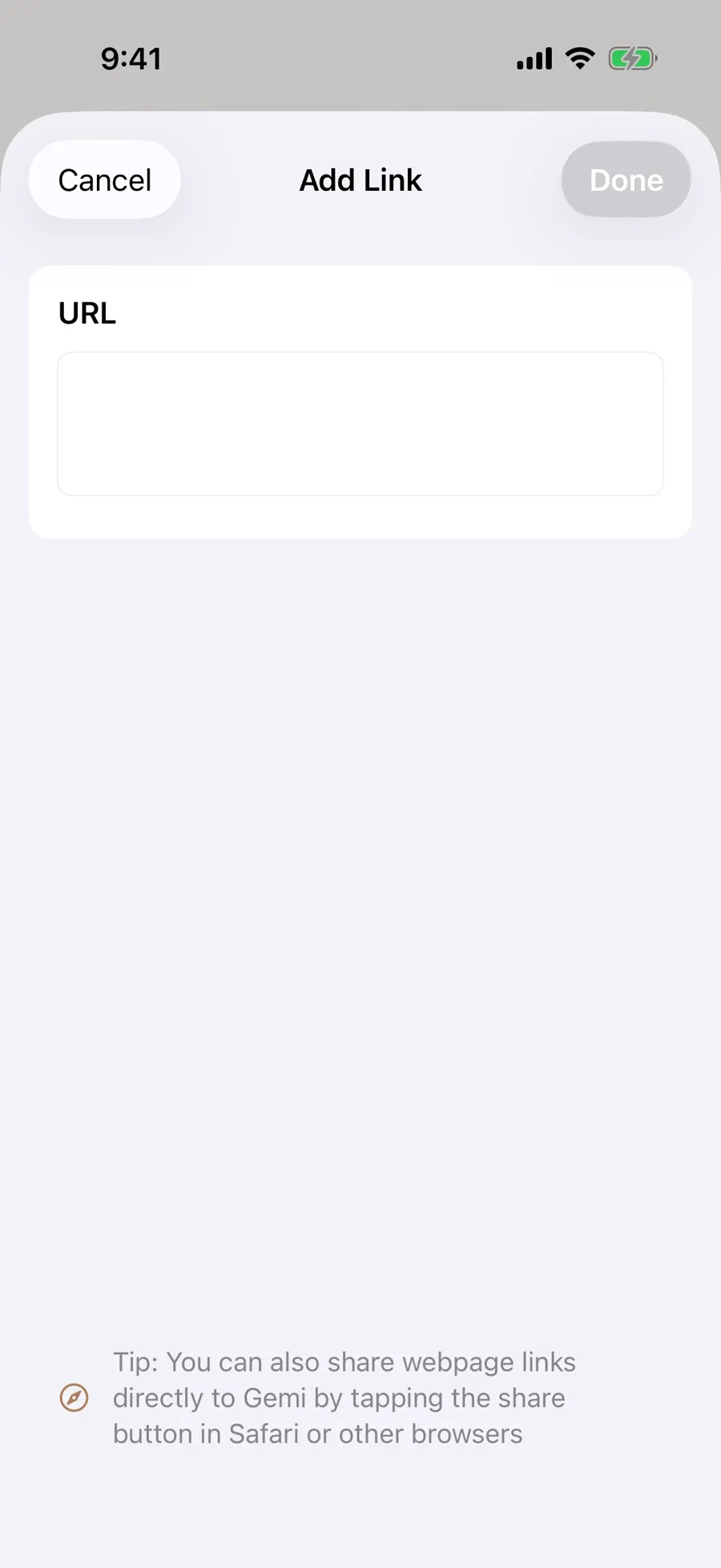 Add Link sheet with an empty address field