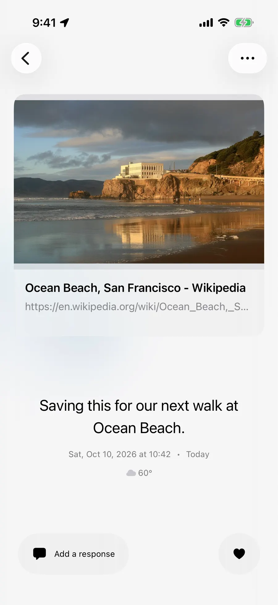 Ocean Beach webpage preview above a note about the next walk