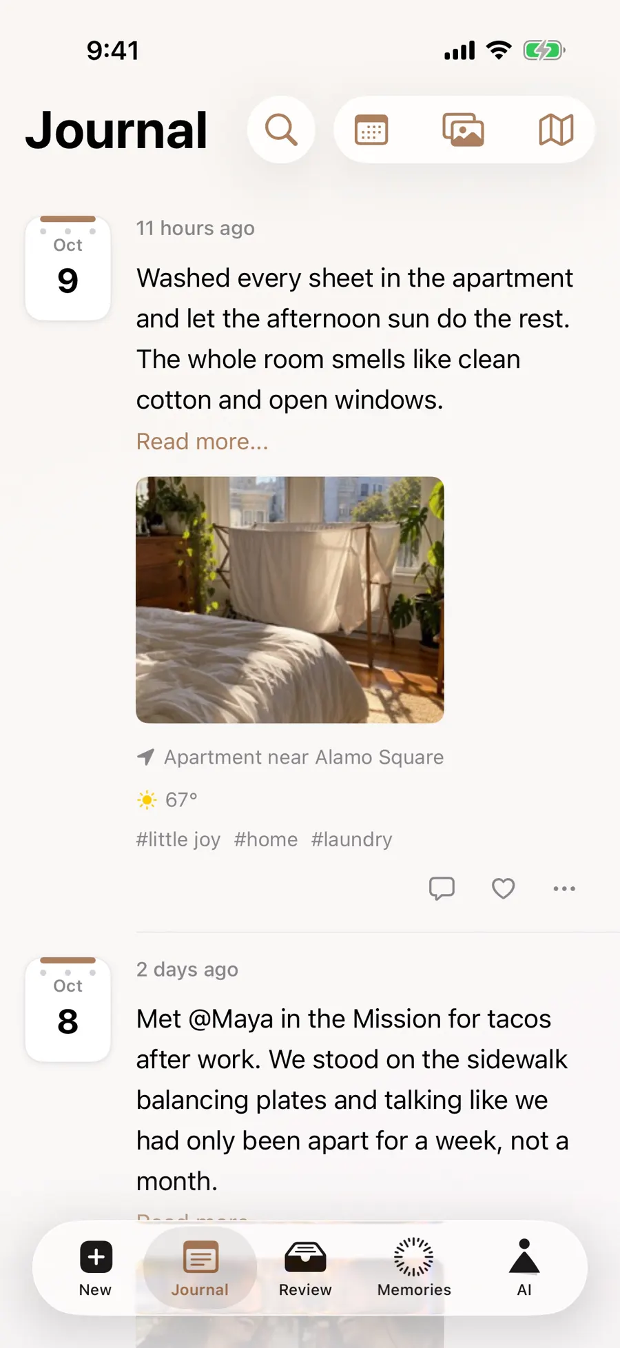 Journal timeline with an October 9 entry, a sunlit room photo and its saved place
