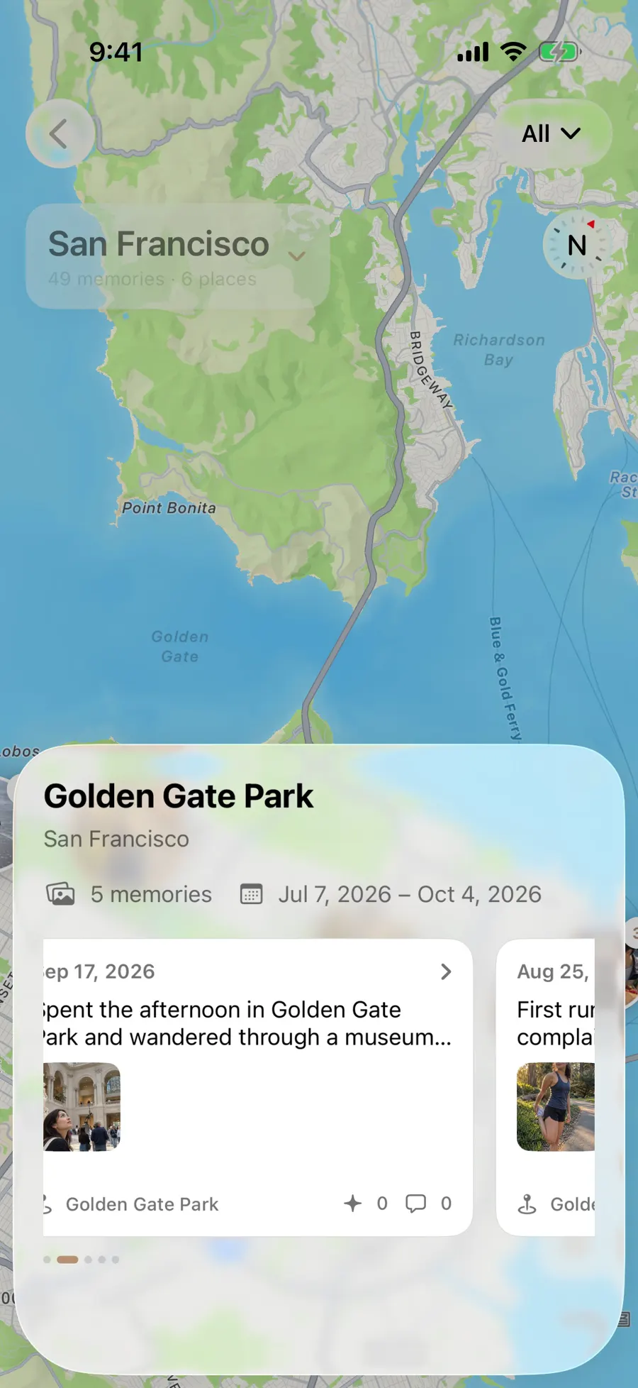 Footprint map of San Francisco with Golden Gate Park opened to the entries written there