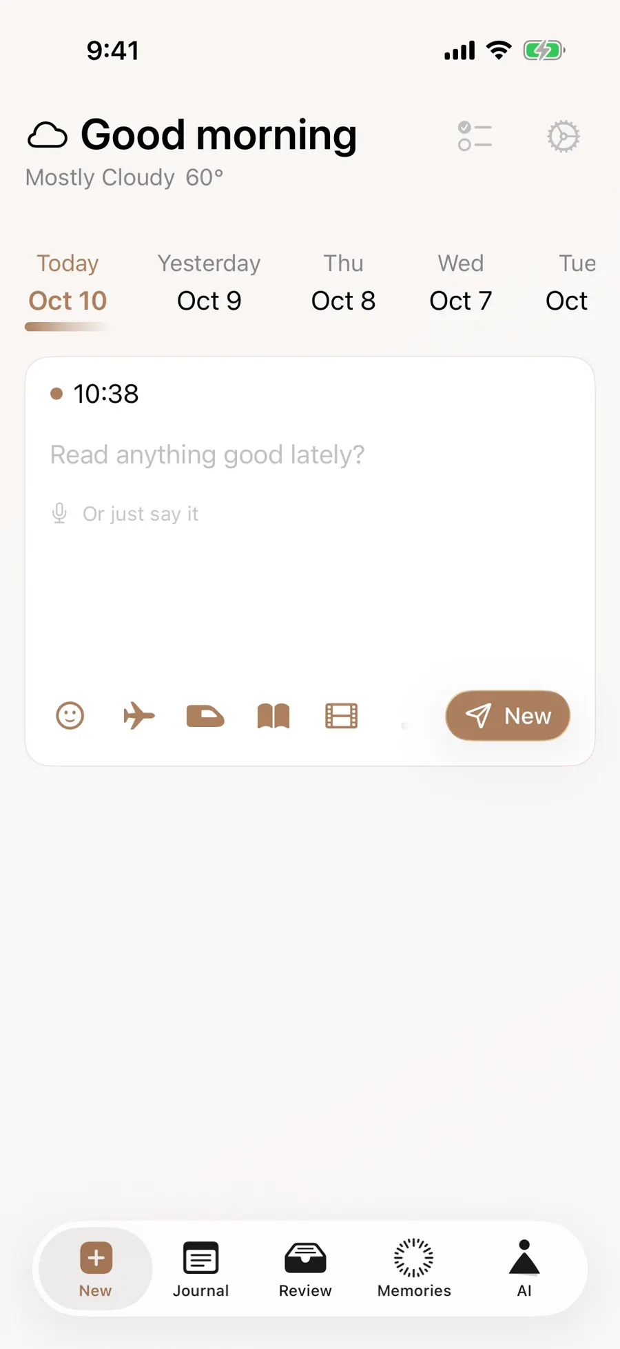 Writing page with a smiley action for selecting a mood