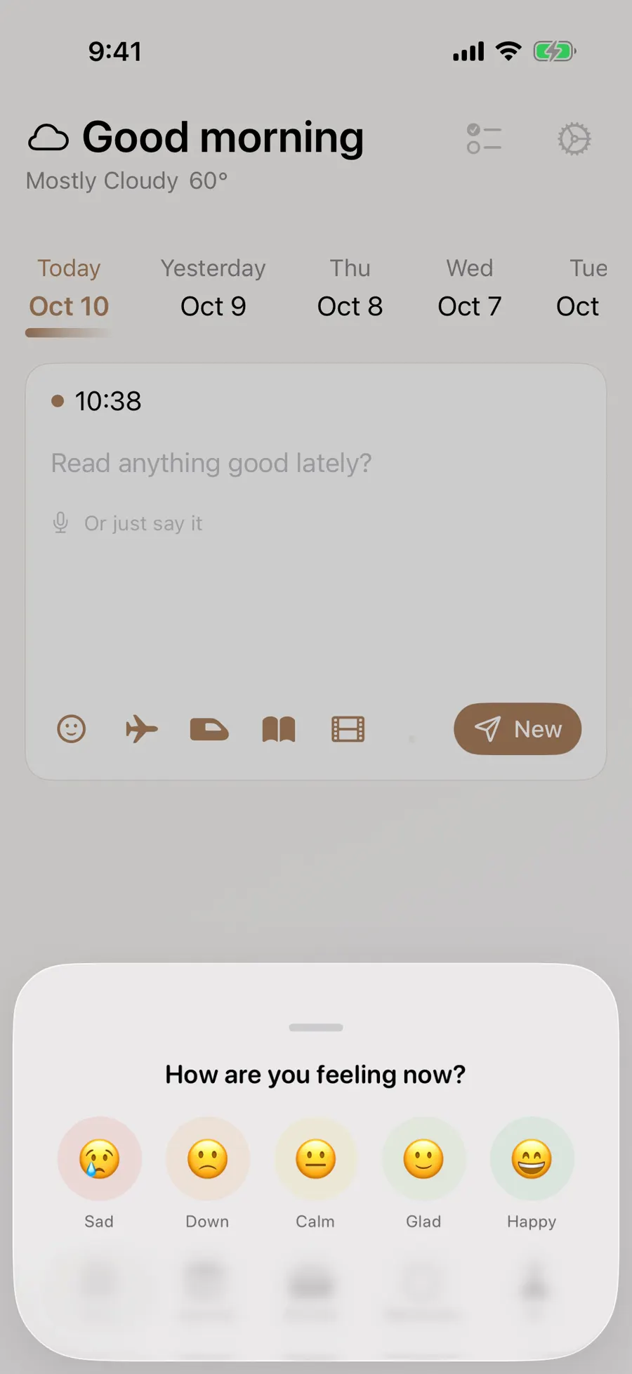 Five mood choices displayed in a picker over the writing page