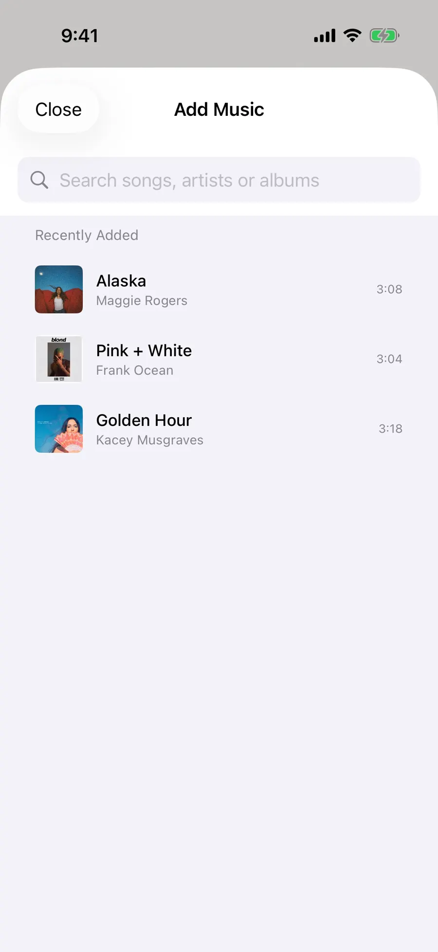 Add Music sheet with recently added tracks and a search field