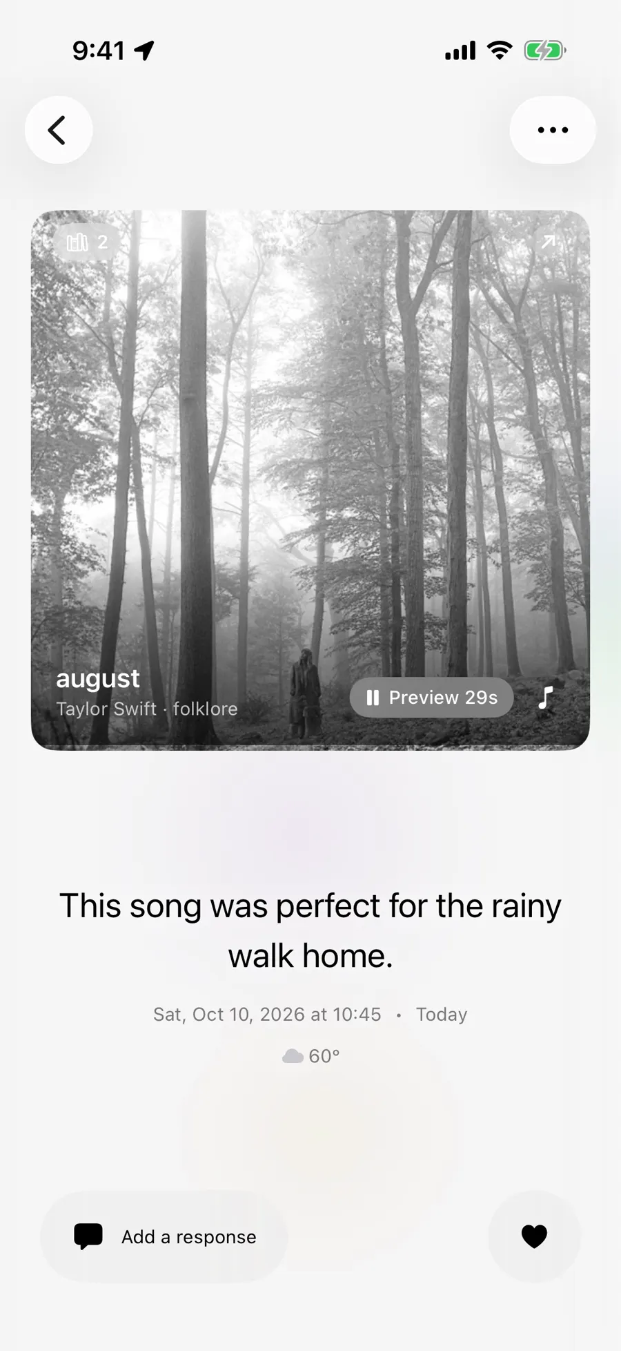 Song artwork at the top of a saved entry about the rainy walk