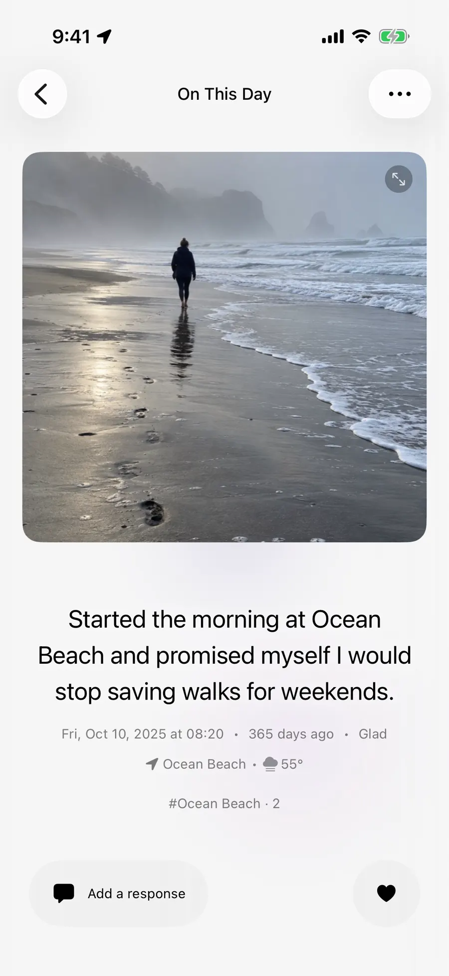 Original Ocean Beach entry with photograph and dated writing