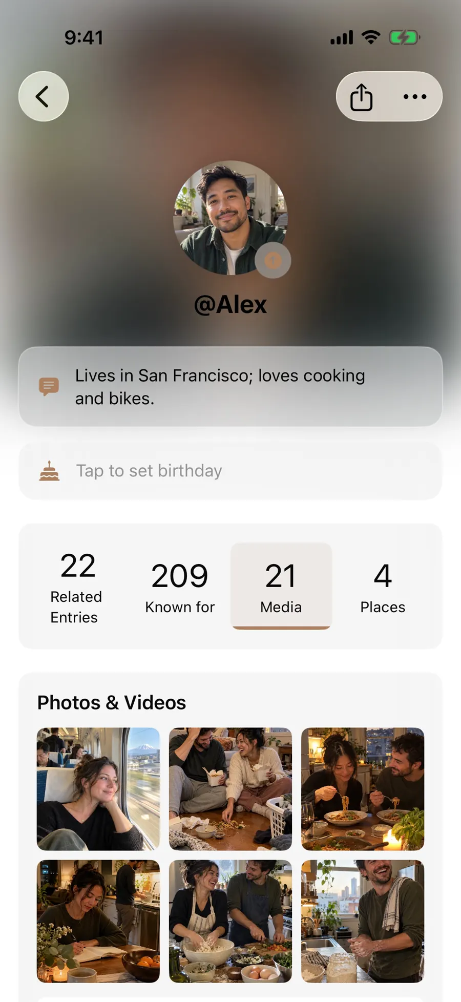Alex page showing shared photo grid, known-for days and related entries