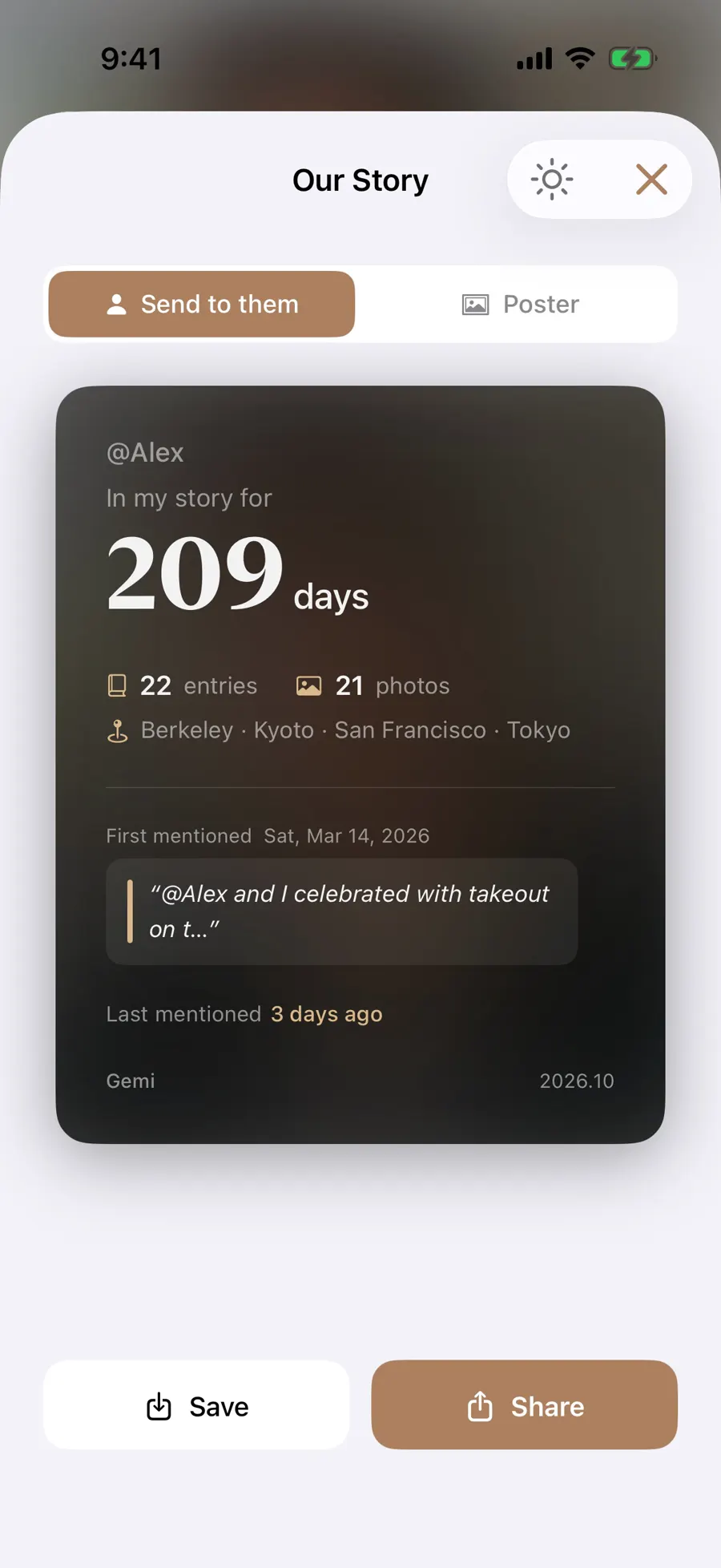 Alex story card preview with 209 days known and shared photo count