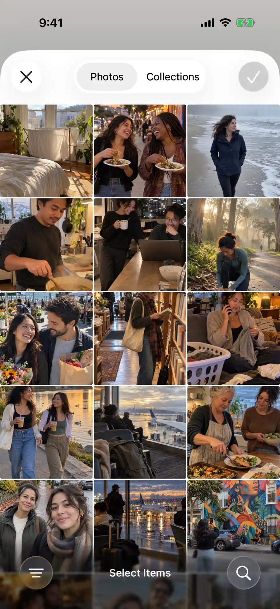 English photo picker grid containing demonstration portraits and city scenes
