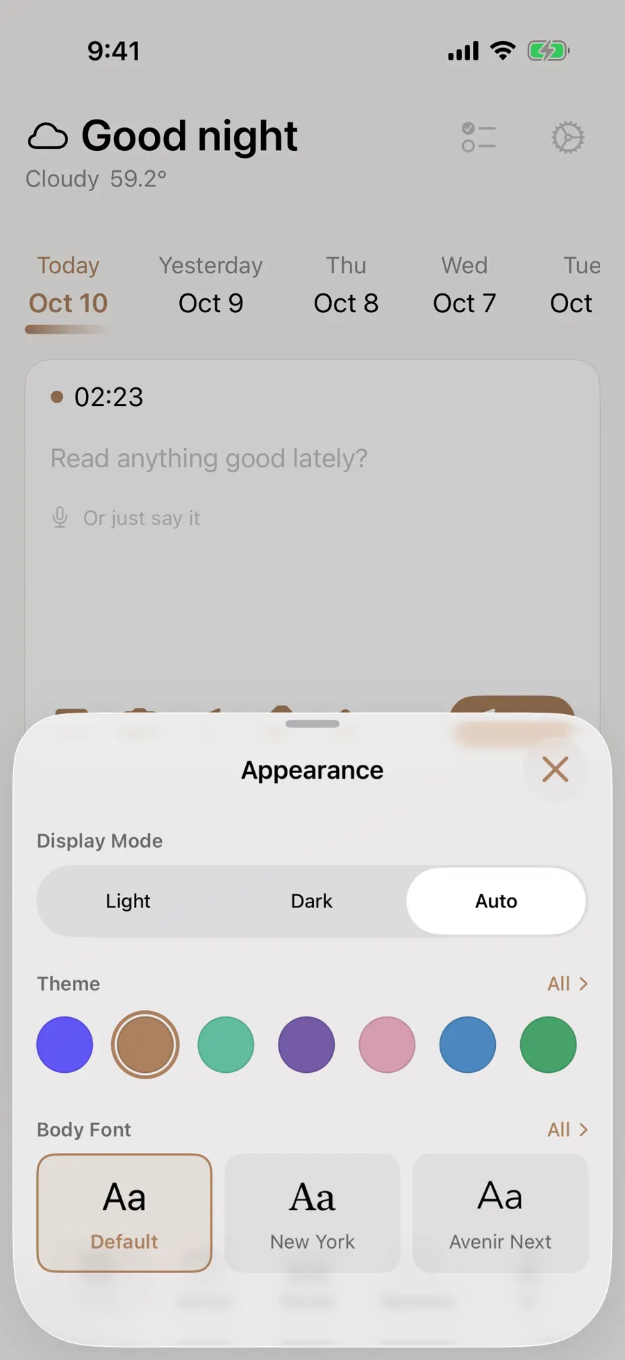 Appearance sheet showing Light, Dark and Auto, theme colors and body fonts