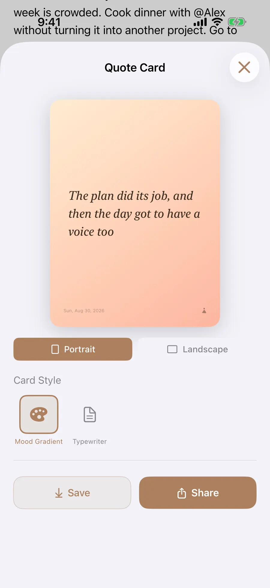 Quote card preview with a line about letting the day have a voice
