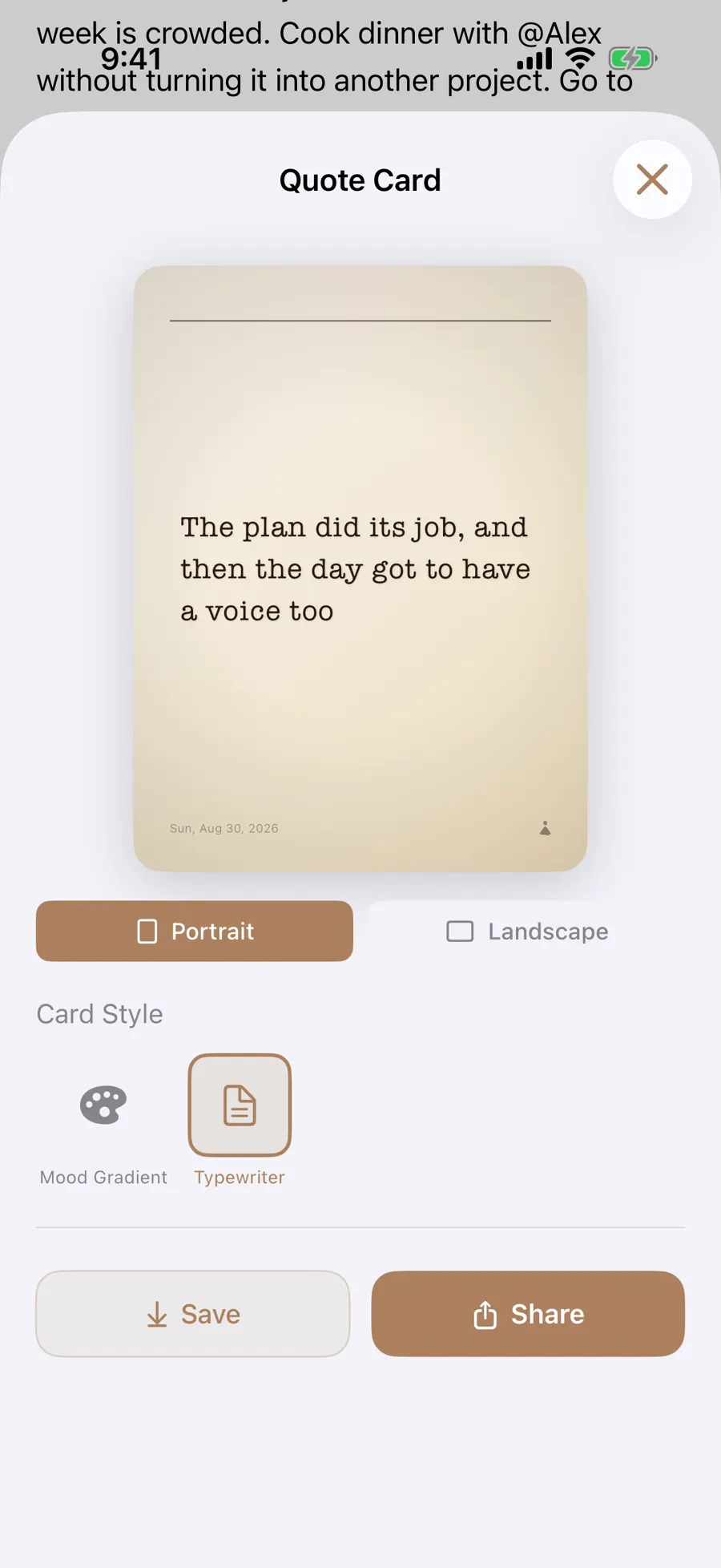 Same quote in a second pale card style with Save and Share actions