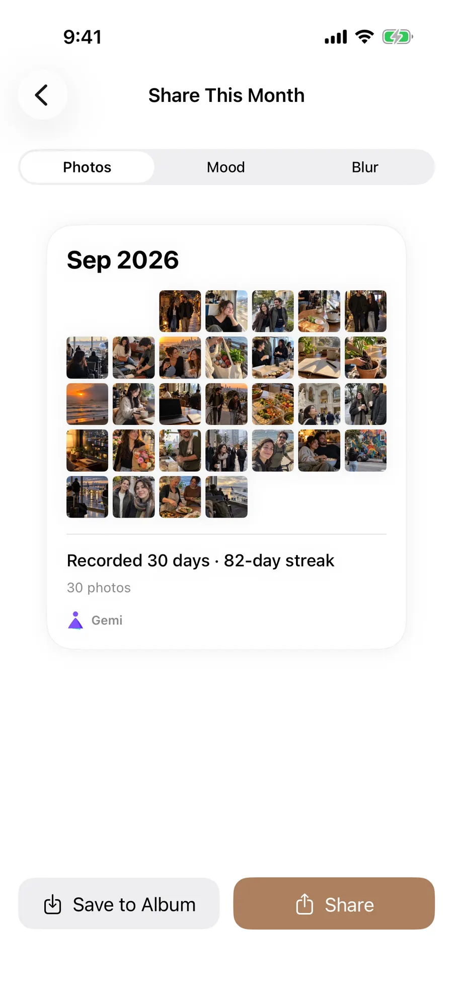 September sharing card with photo grid and Save to Album action
