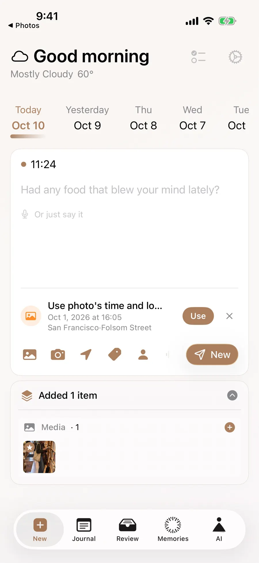 Shared photo appears among items added to a new entry