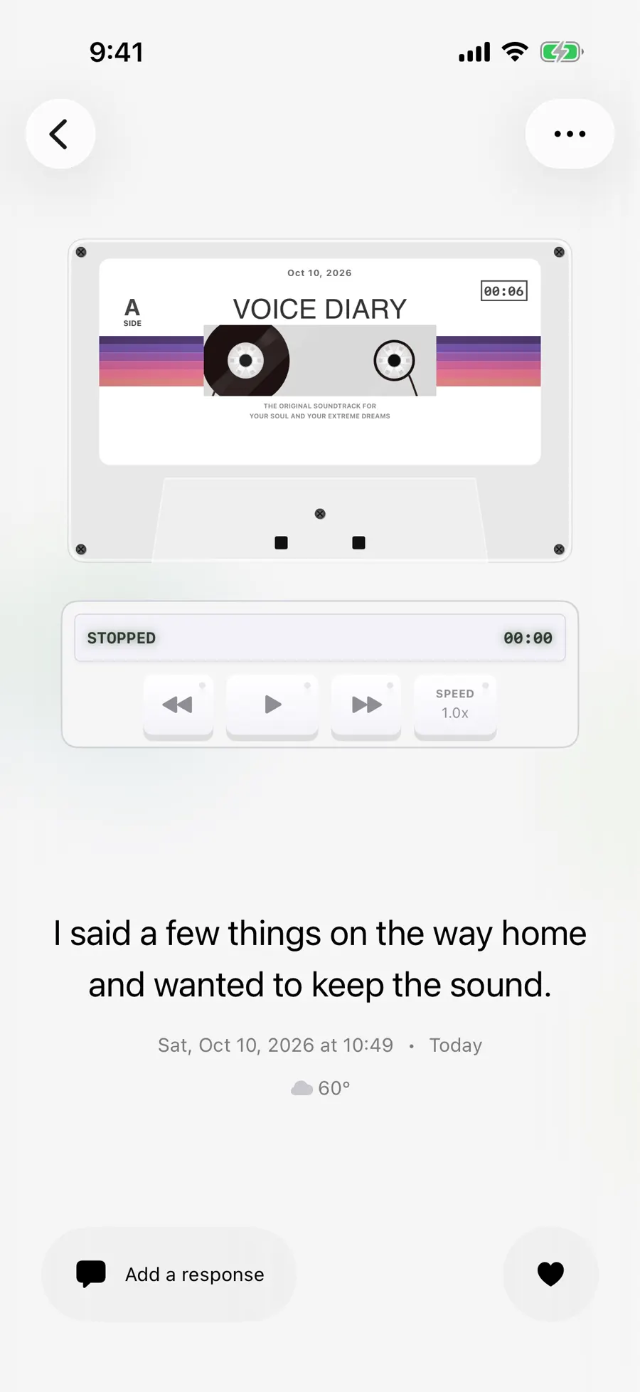 Saved entry showing an audio player with a short note below